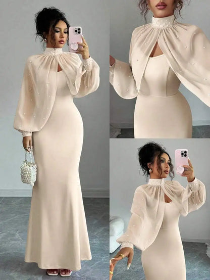 Vestido de Noite Elenzga Novo e Elegante com Charme Madura, Digno e Delicado, Rosa Sonhador, Top de Manga Longa Bordado à Mão, Sereia Graciosa