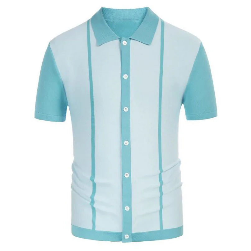 Novo verão camiseta masculina 2024 manga curta lapela listra impressão botão listra camisa polo moda pulôver topos