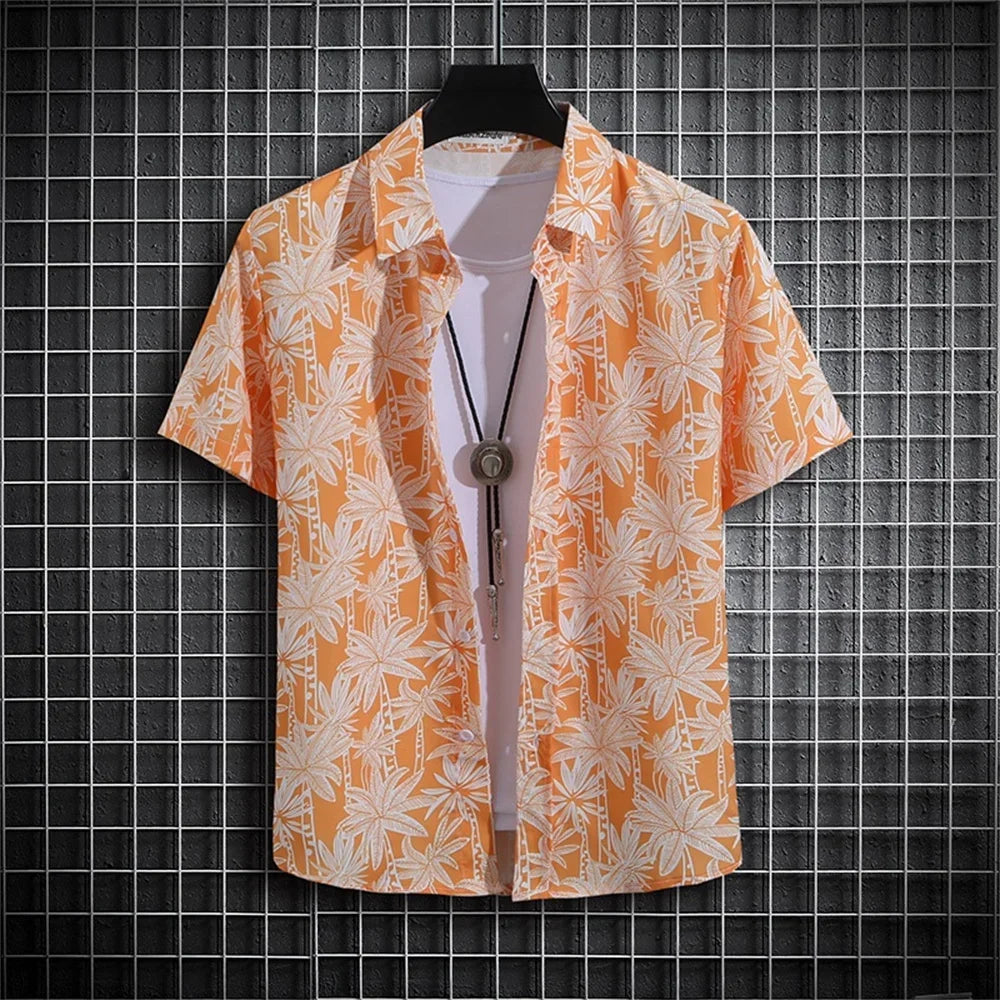 Camisa Havaiana Masculina com Estampa 3D Listrada, Casual, Manga Curta, para Festa na Praia, Caimento Solto, com Design Floral