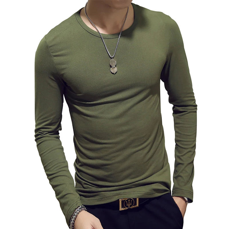 Camiseta masculina de manga comprida com estampa "Cultive a Moralidade" para a Primavera e o Outono, gola redonda, em poliéster liso, nas cores vermelho, azul e preto.