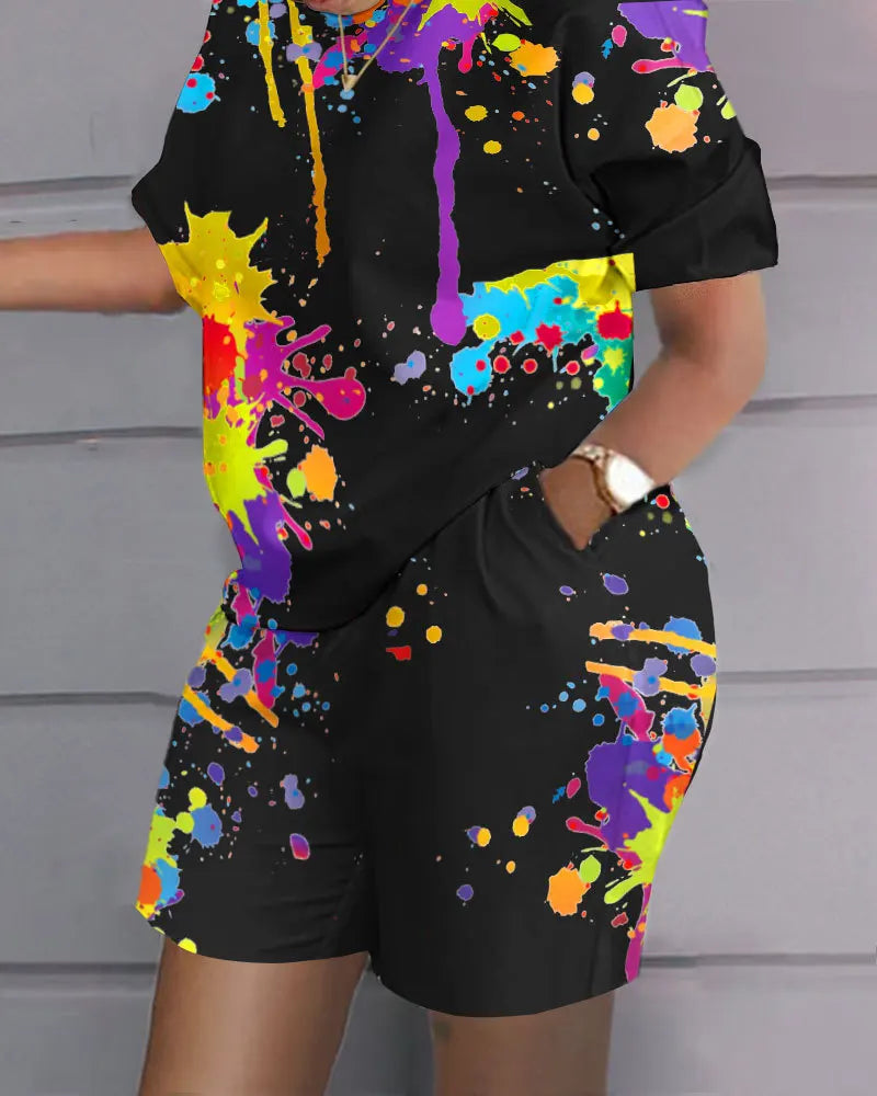 Conjunto de 2 peças de manga curta para mulheres, roupa casual, terno de bolso com estampa gradiente, camiseta feminina e shorts, verão, 2022