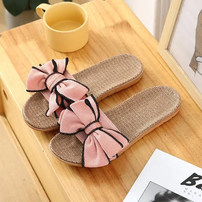 Chinelo feminino casual de verão, confortável, em linho listrado com laço, sandália plataforma, ideal para uso interno.