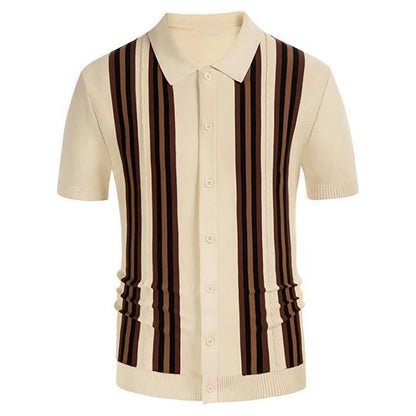Novo verão camiseta masculina 2024 manga curta lapela listra impressão botão listra camisa polo moda pulôver topos
