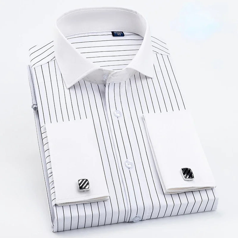 Qualidade masculina abotoaduras francesas camisa botão escondido camisa masculina manga longa casual fino ajuste manguito camisas de vestido (abotoaduras incluídas)