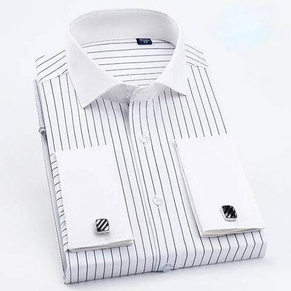 Qualidade masculina abotoaduras francesas camisa botão escondido camisa masculina manga longa casual fino ajuste manguito camisas de vestido (abotoaduras incluídas)