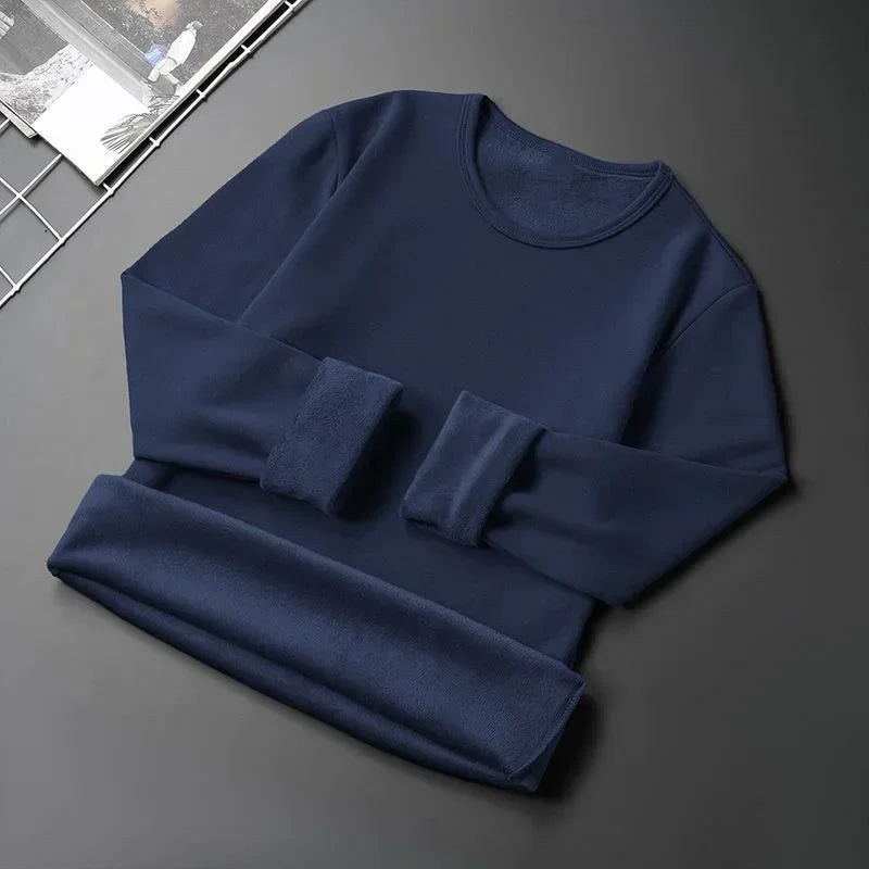 Forro de lã masculino engrossado manga longa camiseta em torno do pescoço base camisa roupas outono inverno manga longa respirável casual wear