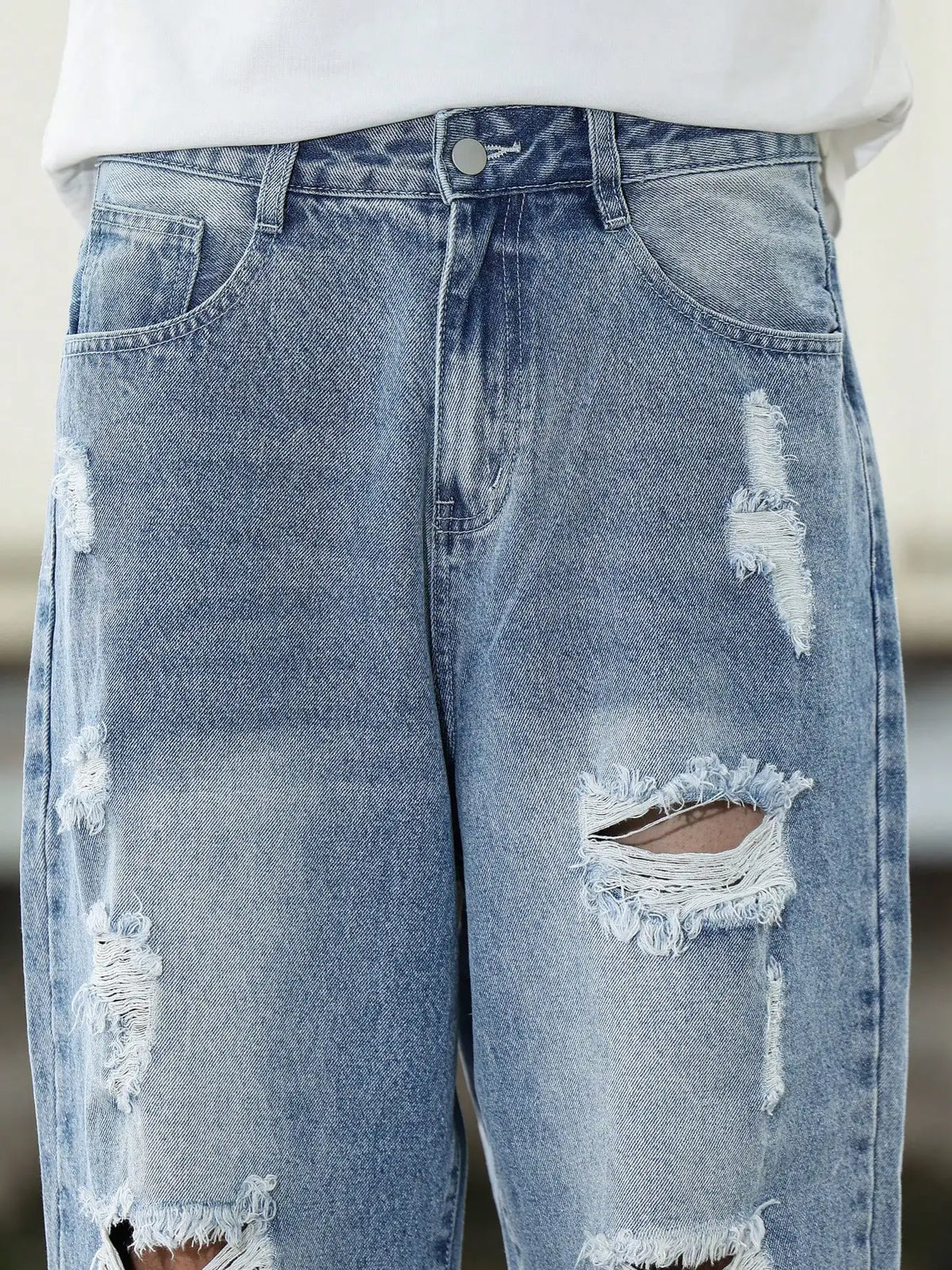 Calça Harém jeans rasgada azul masculina para primavera e outono. Moda de rua. Tendência Casual 。