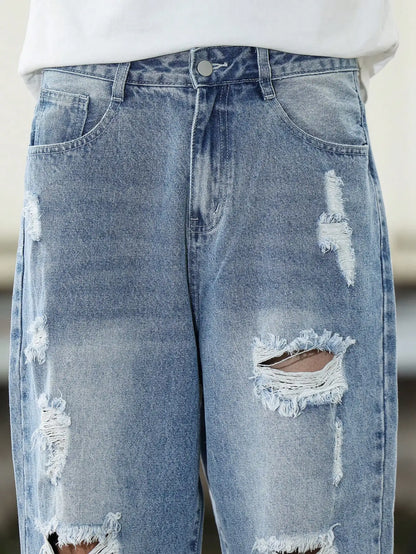 Calça Harém jeans rasgada azul masculina para primavera e outono. Moda de rua. Tendência Casual 。