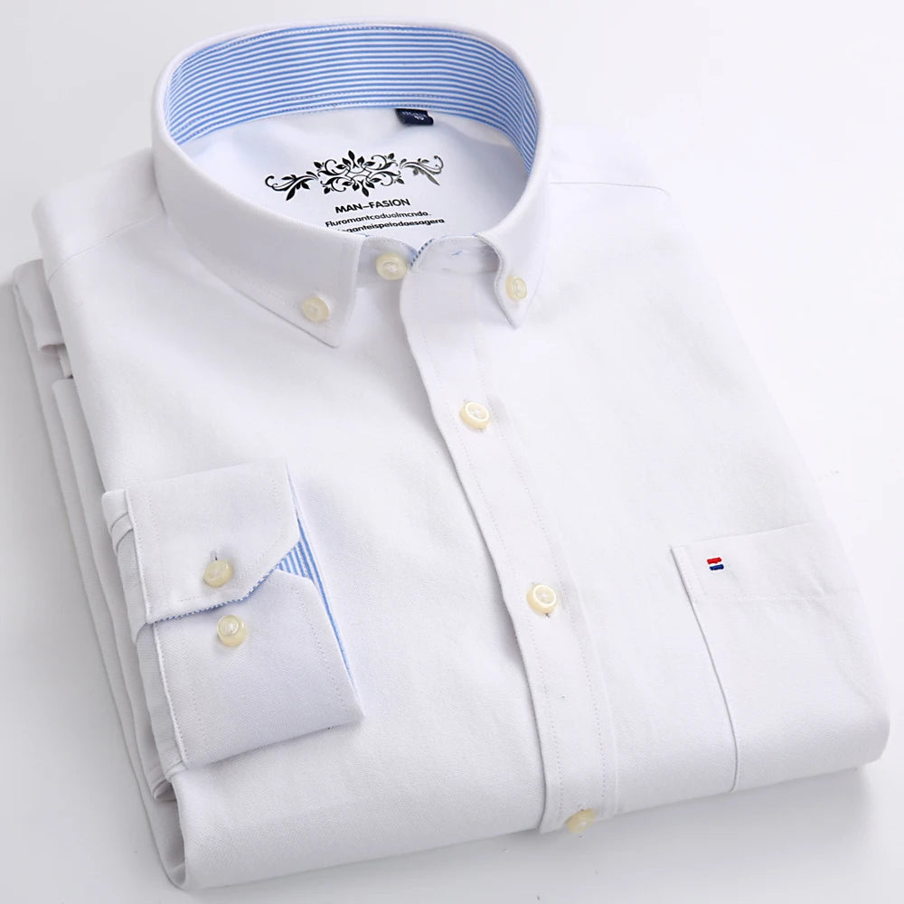 Camisa masculina de manga comprida oxford com botão no peito esquerdo confortável outono inverno ajuste regular casual versátil moda