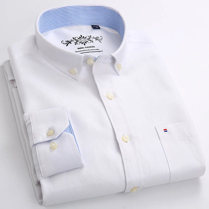 Camisa masculina de manga comprida oxford com botão no peito esquerdo confortável outono inverno ajuste regular casual versátil moda