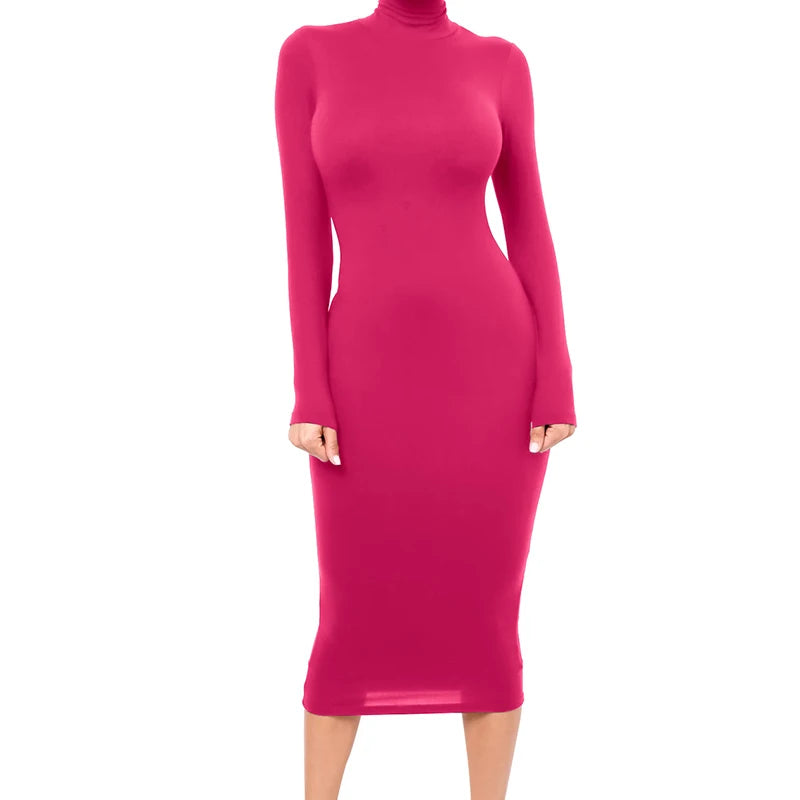 Inverno preto gola alta sexy vestido feminino outono manga longa magro midi boydcon casual azul pelúcia na altura do joelho festa clube