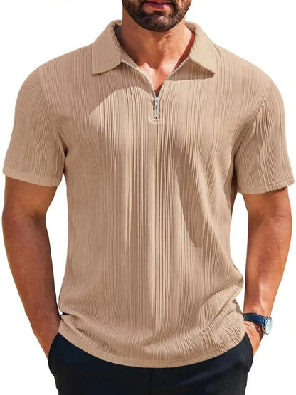 Camisa Masculina com Zíper Frontal, Malha Texturizada, Manga Curta, Casual, Leve, para Golfe