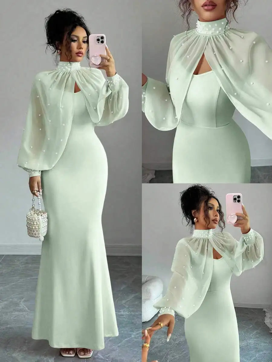 Vestido de Noite Elenzga Novo e Elegante com Charme Madura, Digno e Delicado, Rosa Sonhador, Top de Manga Longa Bordado à Mão, Sereia Graciosa