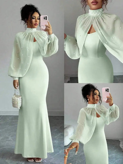 Vestido de Noite Elenzga Novo e Elegante com Charme Madura, Digno e Delicado, Rosa Sonhador, Top de Manga Longa Bordado à Mão, Sereia Graciosa