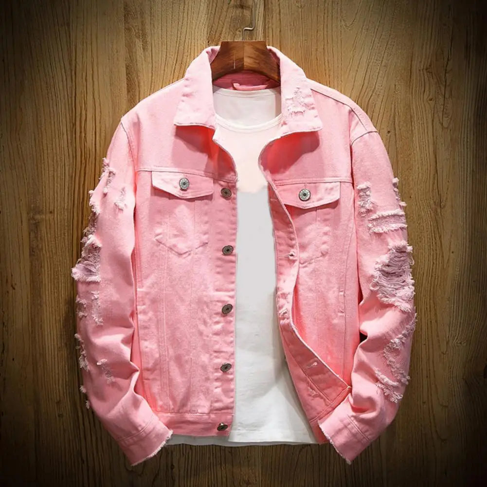 Rasgado buraco jean jaquetas masculinas outerwear casacos jeans quentes gola aberta botões soltos jaquetas jeans cor sólida casaco jeans