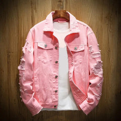 Rasgado buraco jean jaquetas masculinas outerwear casacos jeans quentes gola aberta botões soltos jaquetas jeans cor sólida casaco jeans