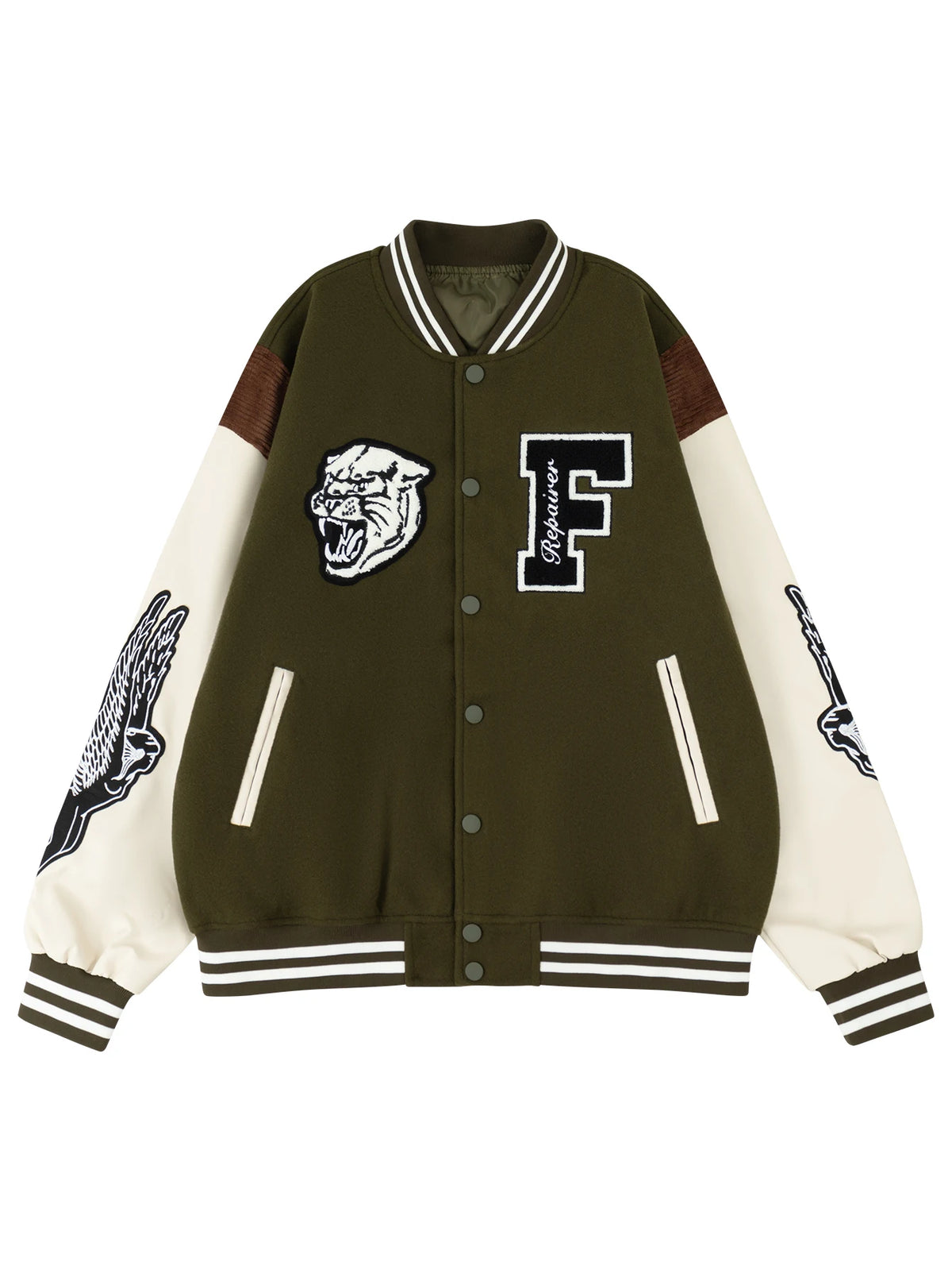 Jaqueta Casual Feminina Estilo Varsity, Casaco Letterman de Beisebol, Roupa de Rua com Bordado Fino e Mangas de Couro Sintético