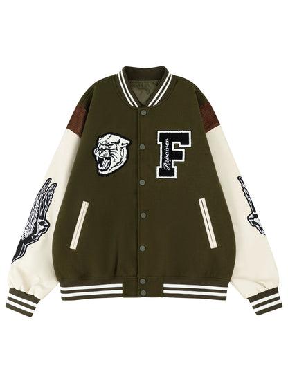Jaqueta Casual Feminina Estilo Varsity, Casaco Letterman de Beisebol, Roupa de Rua com Bordado Fino e Mangas de Couro Sintético