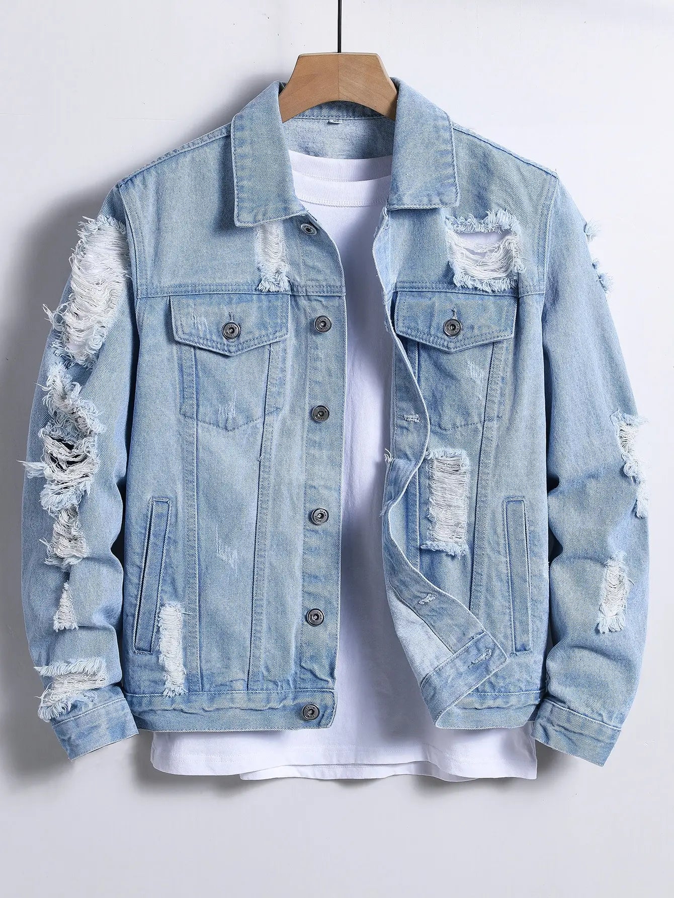 Jaqueta de Jeans Masculina para Primavera e Outono. Jaqueta de Jeans Azul Claro com Rasgos. Estilo de Rua. Casual Diário.