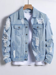 Jaqueta de Jeans Masculina para Primavera e Outono. Jaqueta de Jeans Azul Claro com Rasgos. Estilo de Rua. Casual Diário.