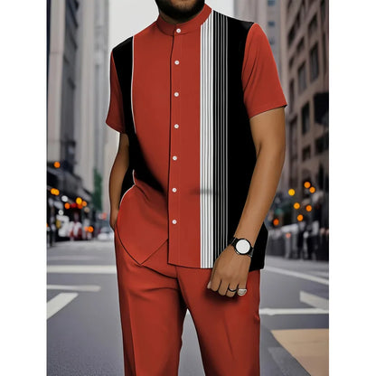 Conjunto de Camisa Listrada para Homens, Slim Fit, em Couro PU com Forro de Fleece, Colarinho Cubano, Manga Três Quartos, Estilo Cleanfit para o Verão
