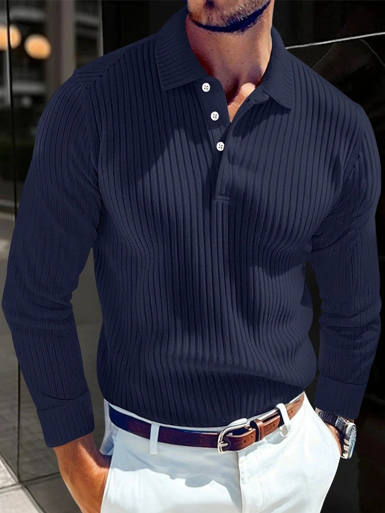 2025 primavera e outono novos homens cor sólida listrado botão gola de malha manga longa topo negócios casual respirável camisa polo