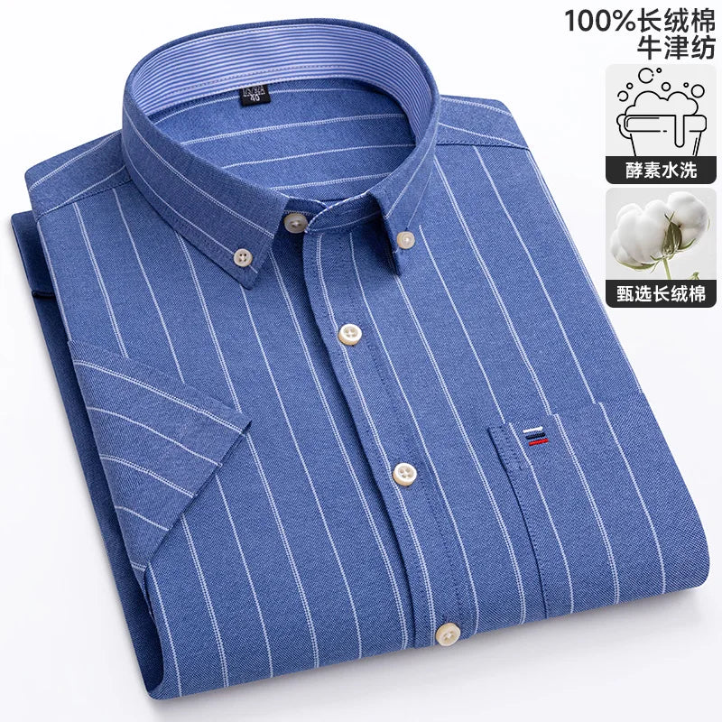 100% algodão puro oxford camisas masculinas manga curta xadrez macio regular ajuste formal vestido camisa blusa social roupas masculinas 6xl 7xl