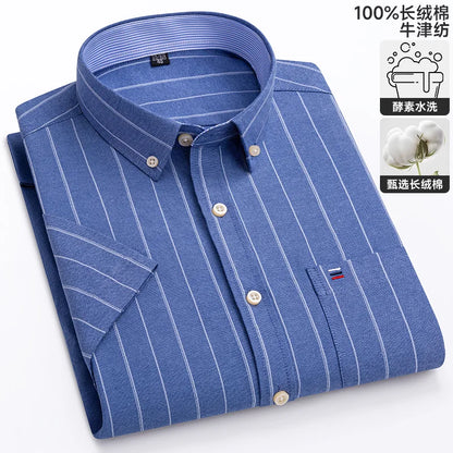 100% algodão puro oxford camisas masculinas manga curta xadrez macio regular ajuste formal vestido camisa blusa social roupas masculinas 6xl 7xl
