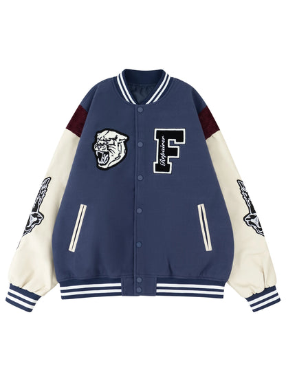 Jaqueta Casual Feminina Estilo Varsity, Casaco Letterman de Beisebol, Roupa de Rua com Bordado Fino e Mangas de Couro Sintético