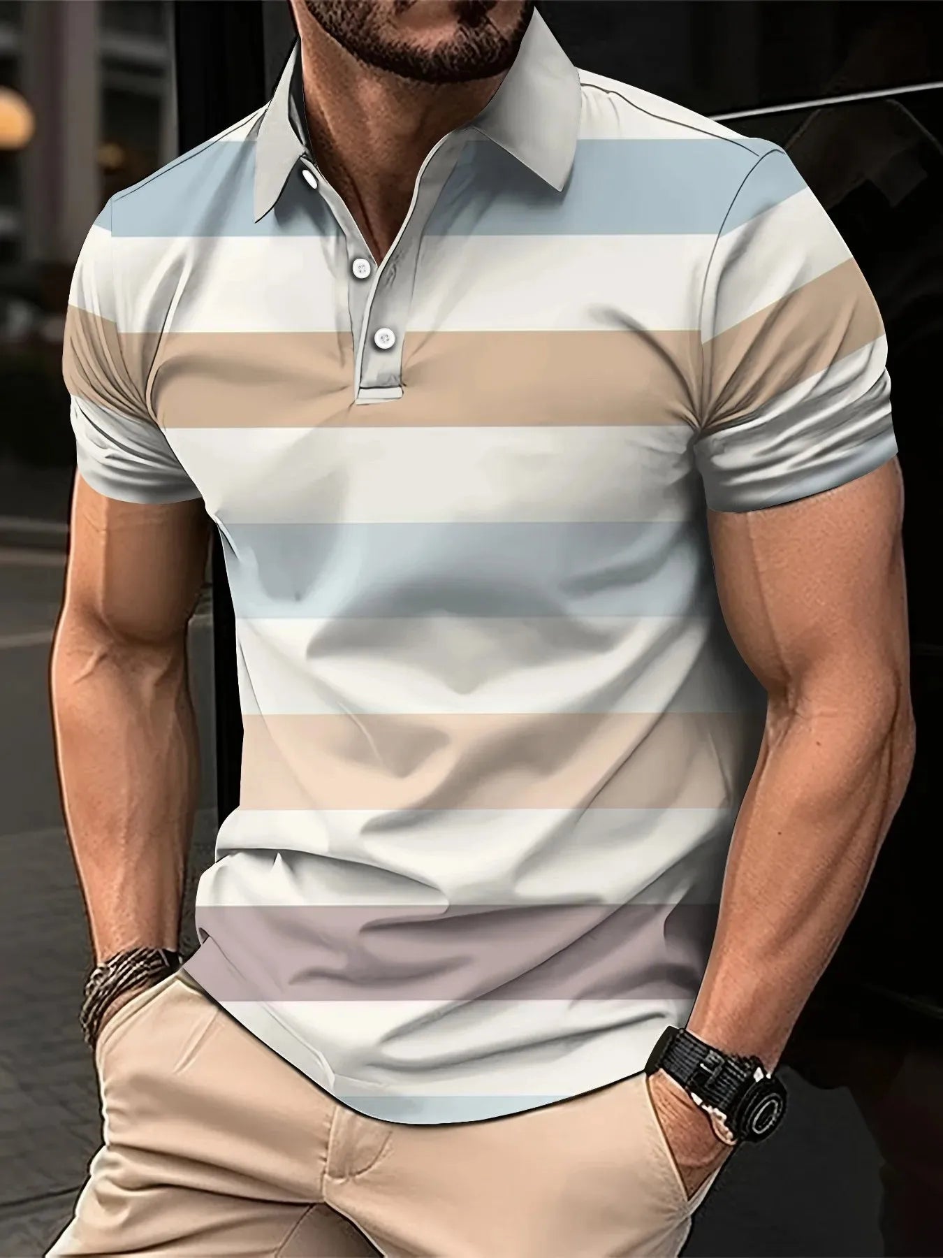 2026 Summer Men's Polo Shirt with Stripes Print Breathable Lightweight Casual Fashionable Outdoor Men's Clothing