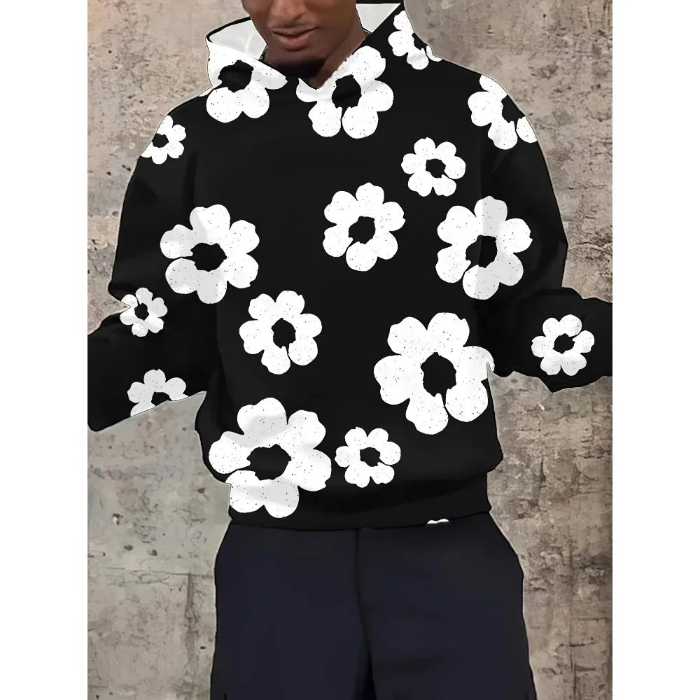 Men'S Casual Black Hoodie with White Floral Print Trendy Long Sleeve Pullover Regular Fit Slight Stretch Fabric Y2K Streetwear