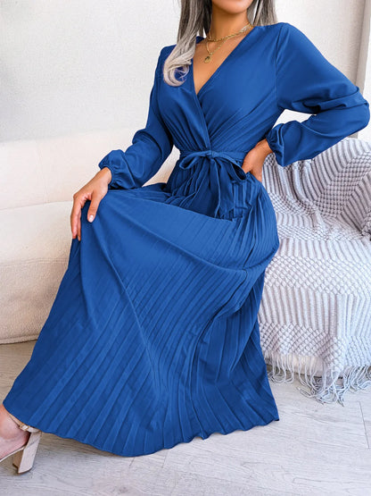 Vestido Feminino Longo Verde de Outono 2026 Novo, Manga Comprida, Cor Sólida, Decote V Cruzado com Cadarço, Saia Plissada Ampla - Roupas Femininas