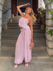 Conjunto Feminino de Calça com Top de Renda Transparente de Alças Finas e Costas Abertas, Corte Solto e Reto, Bainha Elástica, Estilo Praia Chique