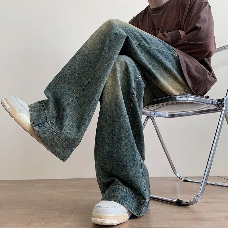 Retro lavado do velho jeans masculino outono americano solto calças retas casuais calças de perna larga high street