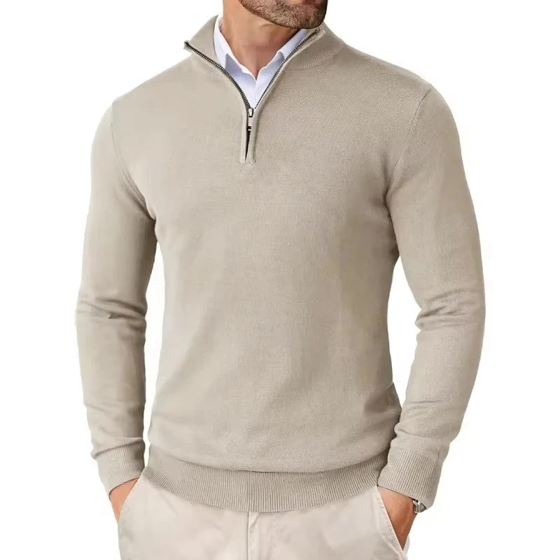 Suéter masculino com zíper de quarto, slim fit, leve, pulôver ao ar livre, gola simulada, meia gola alta, malha, streetwear