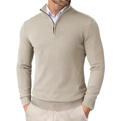 Suéter masculino com zíper de quarto, slim fit, leve, pulôver ao ar livre, gola simulada, meia gola alta, malha, streetwear