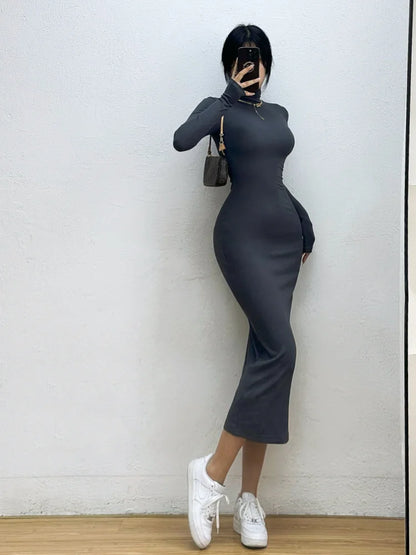 Vestido longo feminino WOMENGAGA de outono/inverno, manga comprida, gola alta, corte justo, cauda de sereia, elegante e delicado (código 0O60).