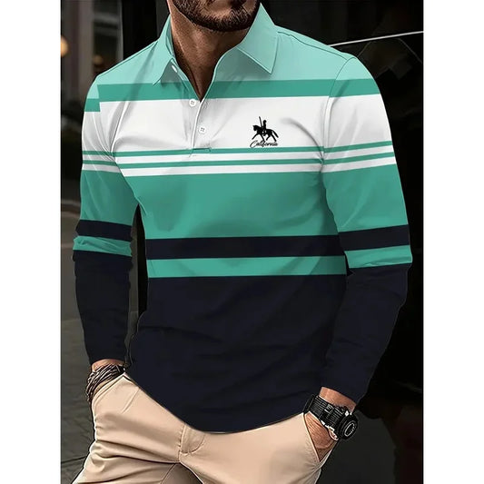 Classic minimalist striped long-sleeved men's polo shirt, fashionable autumn and winter men's casual golf oversized sportswear