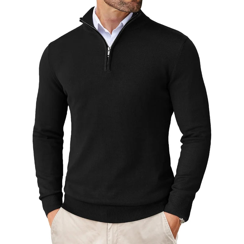 Suéter masculino com zíper de quarto, slim fit, leve, gola simulada, pulôver casual, meia gola alta, malha ao ar livre, streetwear