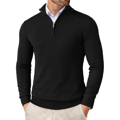 Suéter masculino com zíper de quarto, slim fit, leve, gola simulada, pulôver casual, meia gola alta, malha ao ar livre, streetwear