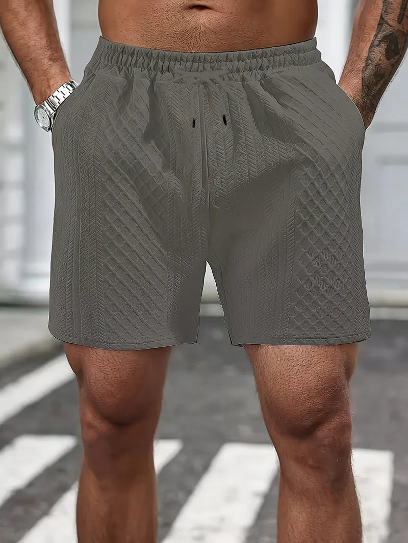 Shorts Casuais Masculinos de Malha Texturizada, Shorts de Verão com Cintura Elástica e Cordão com Bolsos para Uso Diário e Urbano