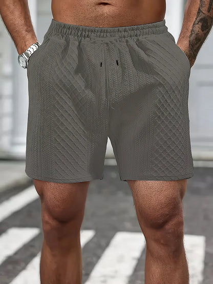 Shorts Casuais Masculinos de Malha Texturizada, Shorts de Verão com Cintura Elástica e Cordão com Bolsos para Uso Diário e Urbano
