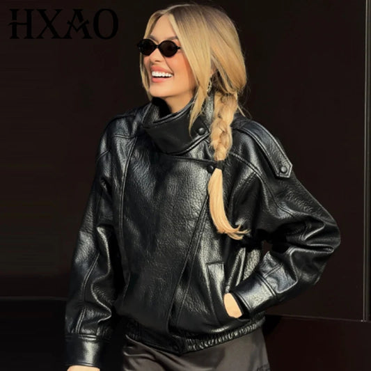 Jaqueta Bomber Feminina HXAO - Nova Coleção - Couro Preto - Modelo Cropped Oversize - Casaco com Zíper e Mangas Longas - Ideal para Atividades ao Ar Livre