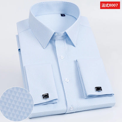 Camisa masculina com abotoaduras francesas, ajuste fino de manga comprida, manga de negócios, sem unhas, camisa formal masculina de cor sólida