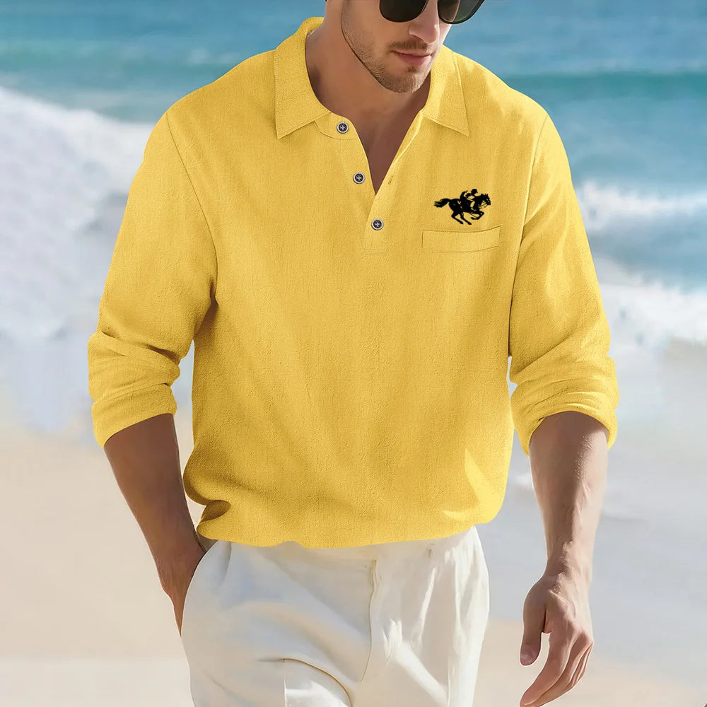 Camisa Masculina Casual de Linho e Algodão Leve com Lapela, Solta, Cor Sólida, Moda Primavera Outono, com Detalhe Decorativo na Gola