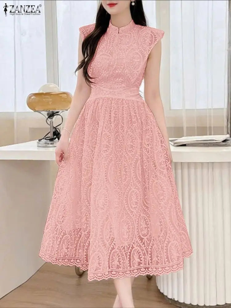 Vestido midi elegante ZANZEA para convidadas de casamento, com bordados em tule e patchwork, gola alta e mangas curtas.