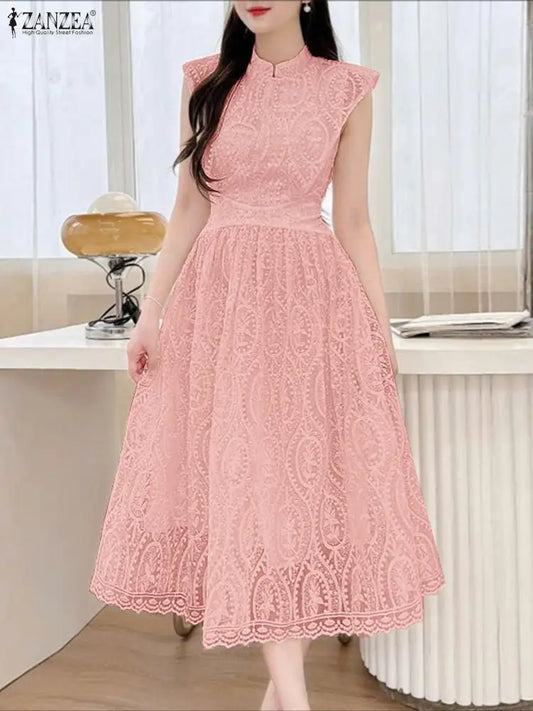 Vestido midi elegante ZANZEA para convidadas de casamento, com bordados em tule e patchwork, gola alta e mangas curtas.