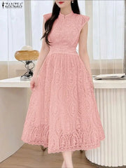 Vestido midi elegante ZANZEA para convidadas de casamento, com bordados em tule e patchwork, gola alta e mangas curtas.