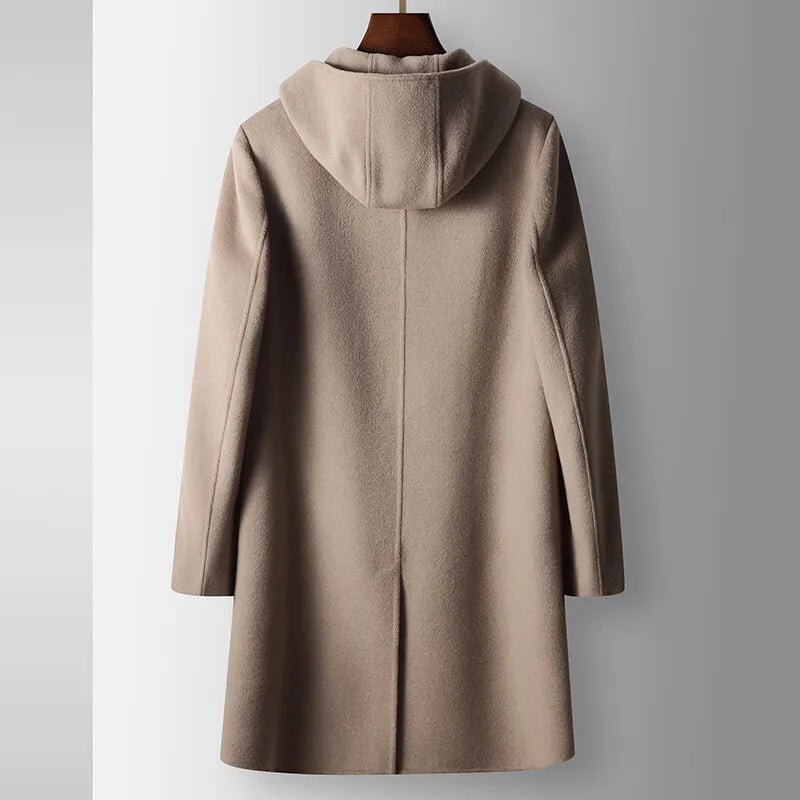 2024 inverno novo moletom com capuz masculino médio longo casaco de lã coelho pelúcia grosso quente casaco casual tecido high end 100% lã pura