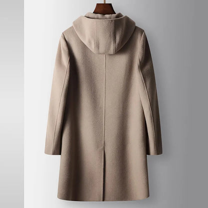 2024 inverno novo moletom com capuz masculino médio longo casaco de lã coelho pelúcia grosso quente casaco casual tecido high end 100% lã pura